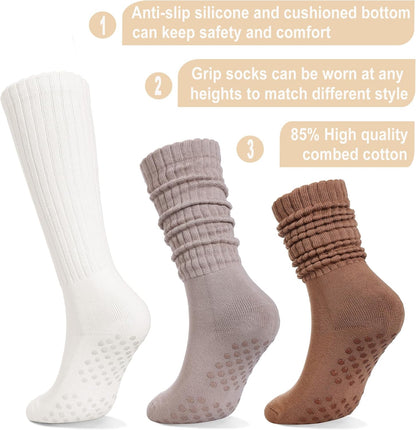 Pilates Socks with Grips for Women Long Slouch Non-Slip Yoga Barre Chioned Workout Scrunch Socks 3 Pairs