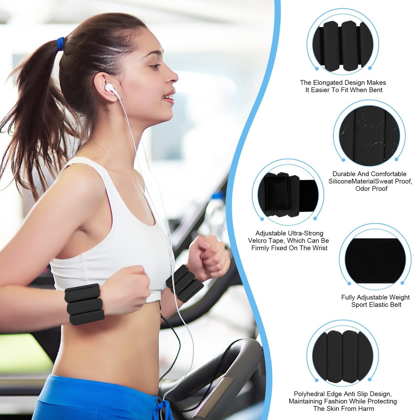Black Adjustable Silicone Wrist & Ankle Weights - 2lb Pair (900g) | Comfortable Fitness Resistance Bands for Workout, Running, Training