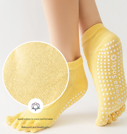 Beige 3-Pack Women's Non-Slip Five-Finger Yoga Socks - Open Back Combed Cotton Pilates & Fitness Grip Socks for Professional Exercise