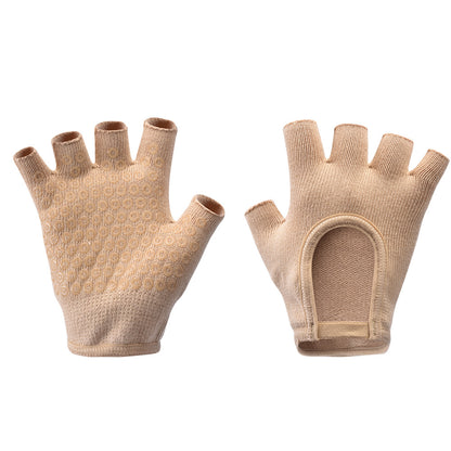 Beige 2-Pack Women's Non-Slip Yoga Gloves - Open Back Half Finger Cotton Stretchy Grip Gloves for Aerial Yoga, Pilates, and Fitness