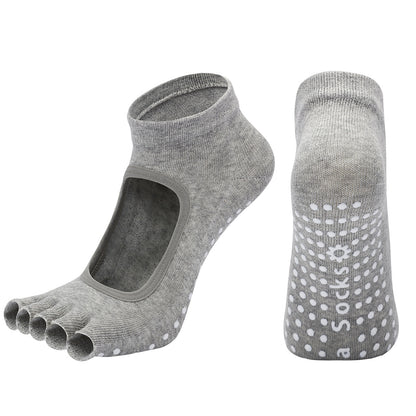 Light Grey 3-Pack Women's Non-Slip Five-Finger Yoga Socks - Open Back Combed Cotton Pilates & Fitness Grip Socks for Professional Exercise